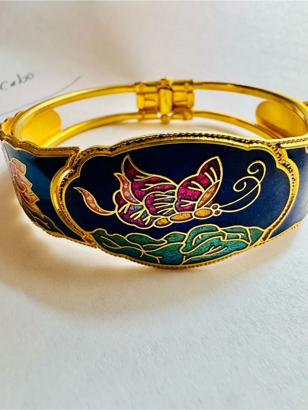 Gold-Tone Enamel Butterfly Cuff Bracelet in Blue, Pink & Green